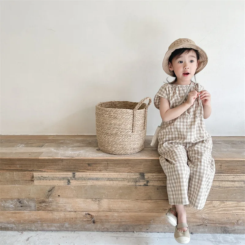 Baby Girls Plaid Overalls Kids - Baby Summer Linen Sleeveless Jumpsuit ulasan dan harga